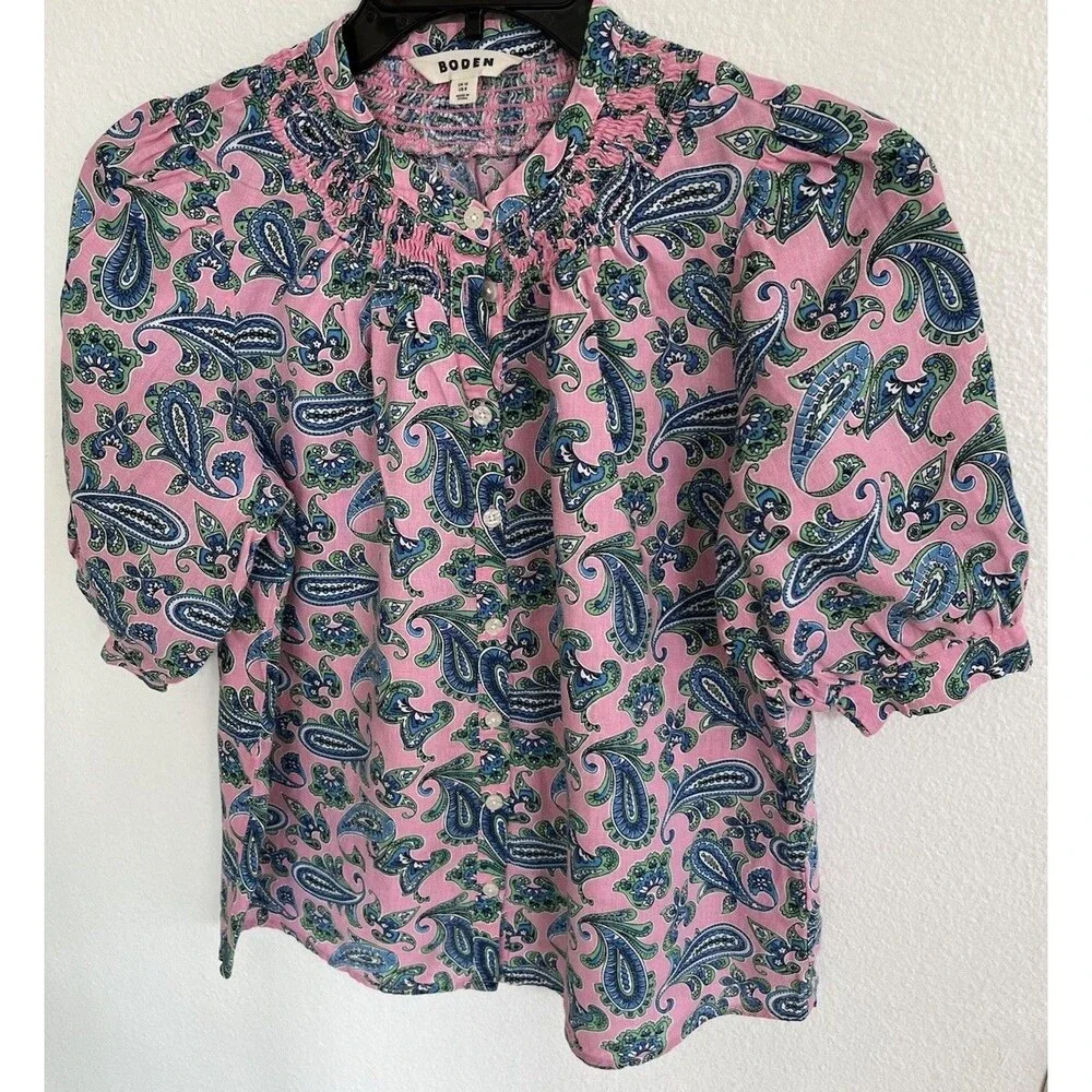 Boden Ada Linen Top Rose Damask Sz8 Pink Green Paisley Smocked Puff Sleeve Boho